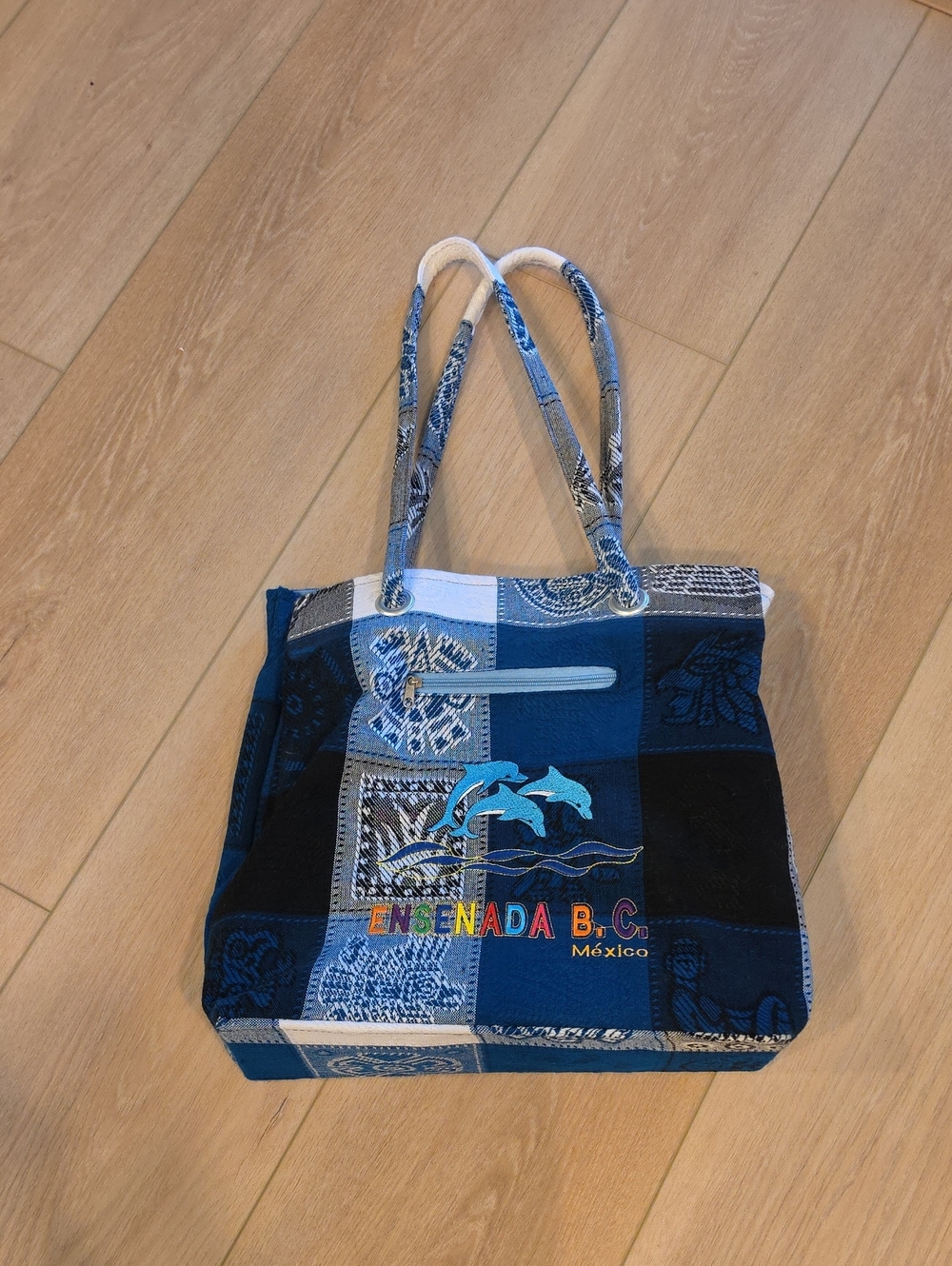 Ensenada Blue Patchwork Dolphin Tote Bag